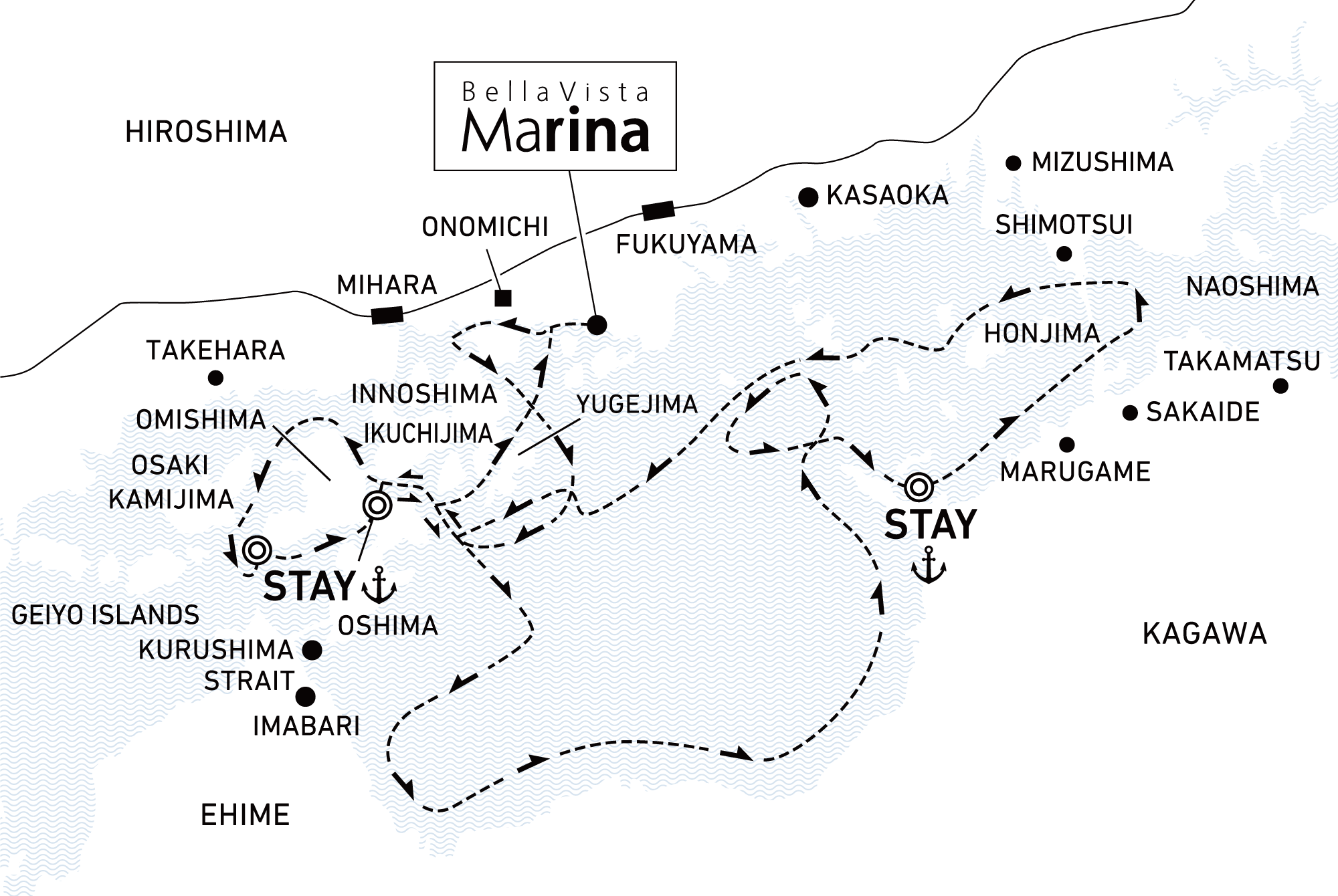 A four-day voyage to savor the essence of Setouchi drifting 3 nights / anchor offshore at Hakatajima, Takuma Bay and Omishima